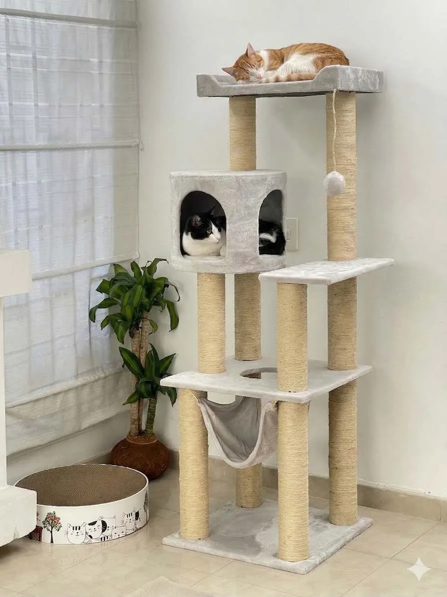 Dos gatos en su gimnasio Funny Cat, dentro de un hogar